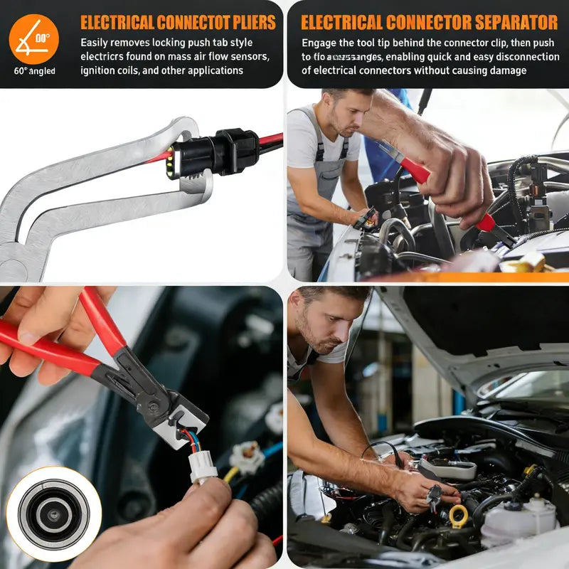 Combo Pack-Automotive repair pliers, automotive electrical disconnect pliers kits, high carbon steel connector splitters, hose clamps, automotive trim clip removal pliers, plug release tools, and wire terminal removal tools.