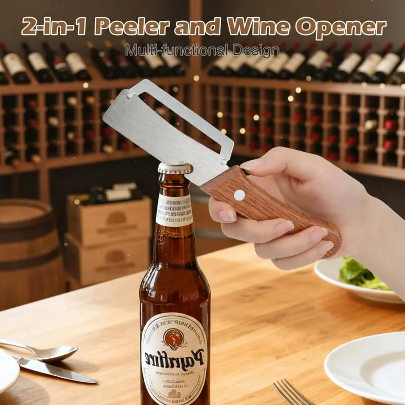 Premium-Grade Fruit & Vegetable Peeler| Sharp Stainless Steel Blade, Ergonomic Wooden Handle + Built-in Bottle Opener – Ideal for Daily Kitchen Use
