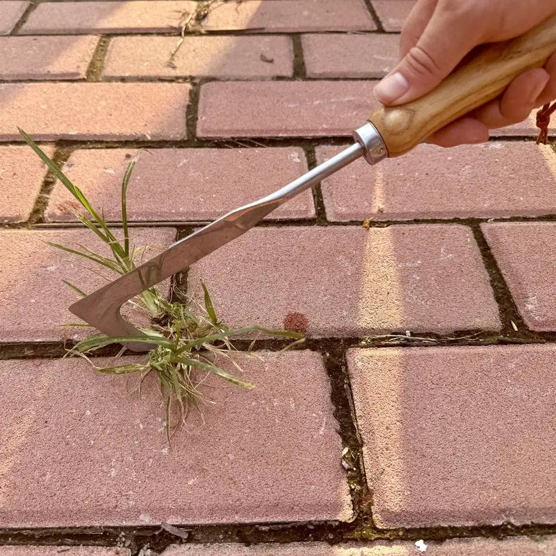 Crack Weeder & Crevice Cleaning Tool,  Stainless Steel Manual Grass Puller with Beech Wood Handle for Sidewalks, Driveways, Patio Pavers, Narrow Wall Gaps and Garden Weeds