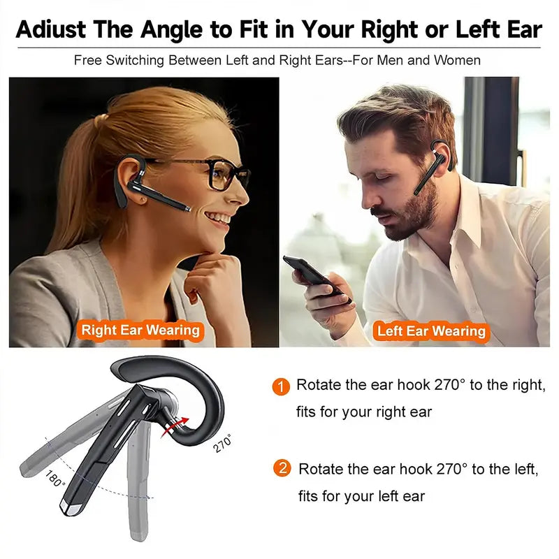 Wireless Bluetooth Earpiece with Built-in Mic, Noise Cancelling, Chargeable, Outstanding Listening, Electronic, Black with Black Case, for Office Phones, Supports MP3 Playback, Continuous Talk Time