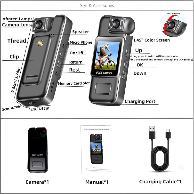 1080P High-Definition Fixed Unisex Portable Mini Body Cam - Tiny Clip-On LCD Digital Vlogging Camera Recorder with IR Night Vision, Loop Recording, Hands-Free Shooting, Screen Preview (SD Card Not Included, Outdoor Gadget)