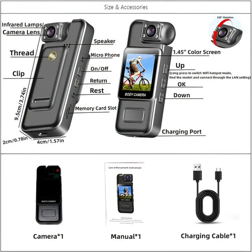 1080P High-Definition Fixed Unisex Portable Mini Body Cam - Tiny Clip-On LCD Digital Vlogging Camera Recorder with IR Night Vision, Loop Recording, Hands-Free Shooting, Screen Preview (SD Card Not Included, Outdoor Gadget)