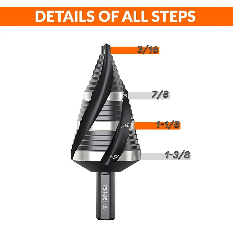Four Spiral Flute Step Drill Bit, HSS Step Drill Bit 3/16-1-3/8 (3 Popular Sizes) Unibit Step Drill Bit, 1/4" Shank Step Bits for Aluminum, Wood, Plastic, Metal [Sold 637]