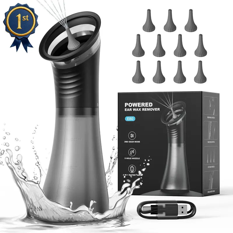 E80 Upgraded 2-in-1 Ear Wax Removal Kit with Built-in Waste Tank, Rechargeable Water Spray, 4 Pressure Settings - Safe & Effective Ear Canal Irrigation System for Earwax Removal