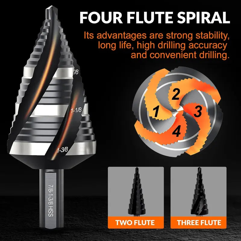 Four Spiral Flute Step Drill Bit, HSS Step Drill Bit 3/16-1-3/8 (3 Popular Sizes) Unibit Step Drill Bit, 1/4" Shank Step Bits for Aluminum, Wood, Plastic, Metal [Sold 637]