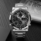 SKMEI Mens Fashion Wristwatch - 48mm Round Face Metal Case, 30M Waterproof Wrist Watch, Stainless Steel Strap, 3 Time Zones, Nightlight, Dual Time Display, Timer, Calendar, Alarm, Mens Gifts, Fashion Men's Accessories