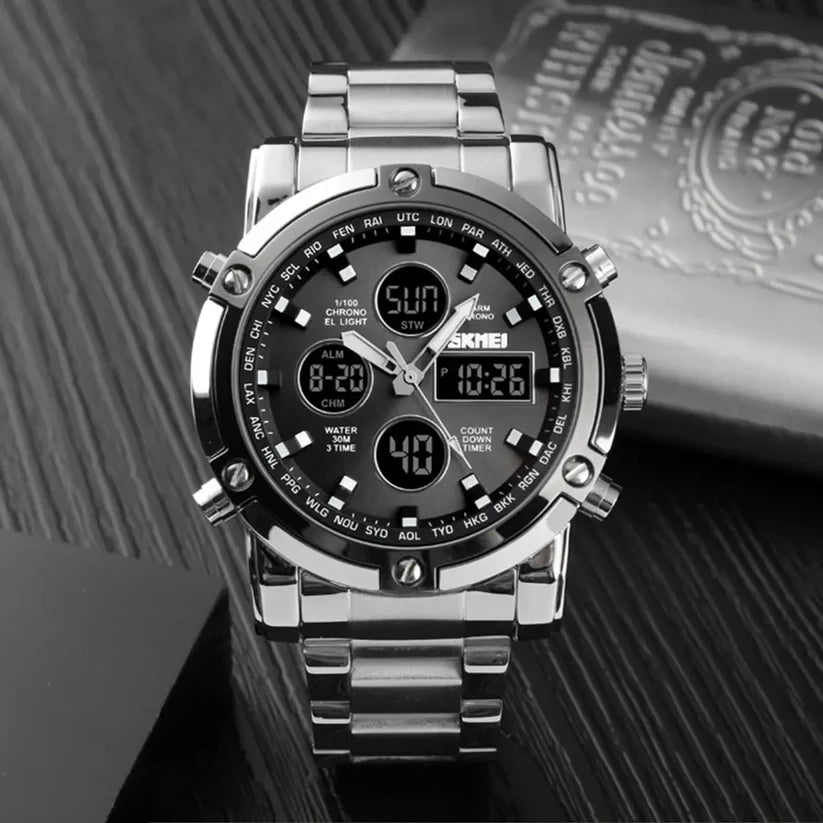 SKMEI Mens Fashion Wristwatch - 48mm Round Face Metal Case, 30M Waterproof Wrist Watch, Stainless Steel Strap, 3 Time Zones, Nightlight, Dual Time Display, Timer, Calendar, Alarm, Mens Gifts, Fashion Men's Accessories