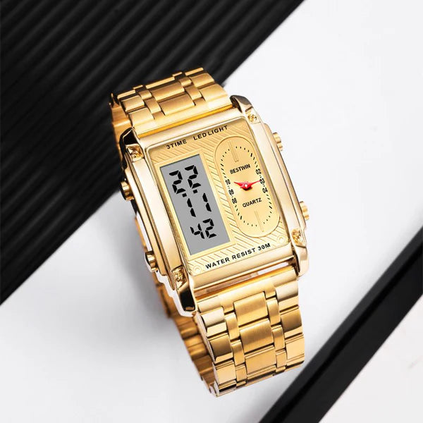 Men's square creative dual-movement multifunctional sports watch, featuring a luxurious triple-time design, water resistance, luminous dial, Exuding a minimalist aesthetic, it is elegant, durable, and the perfect choice for everyday wear. digital quart