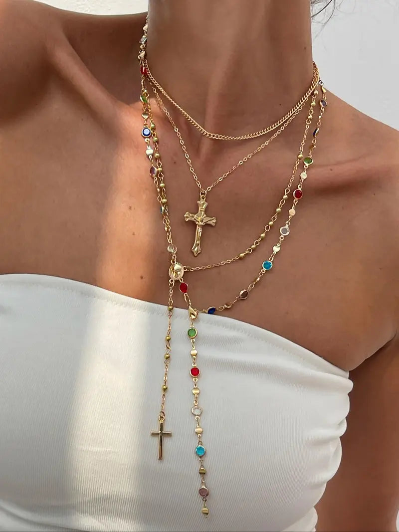 26new 4 Piece Set Vintage Metal Jesus Cross Y-Style Long, Bohemian Style Boho Chic Colorful Crystal Glitter Cross Pendant Jewelry, Perfect Fashion Gift for Women