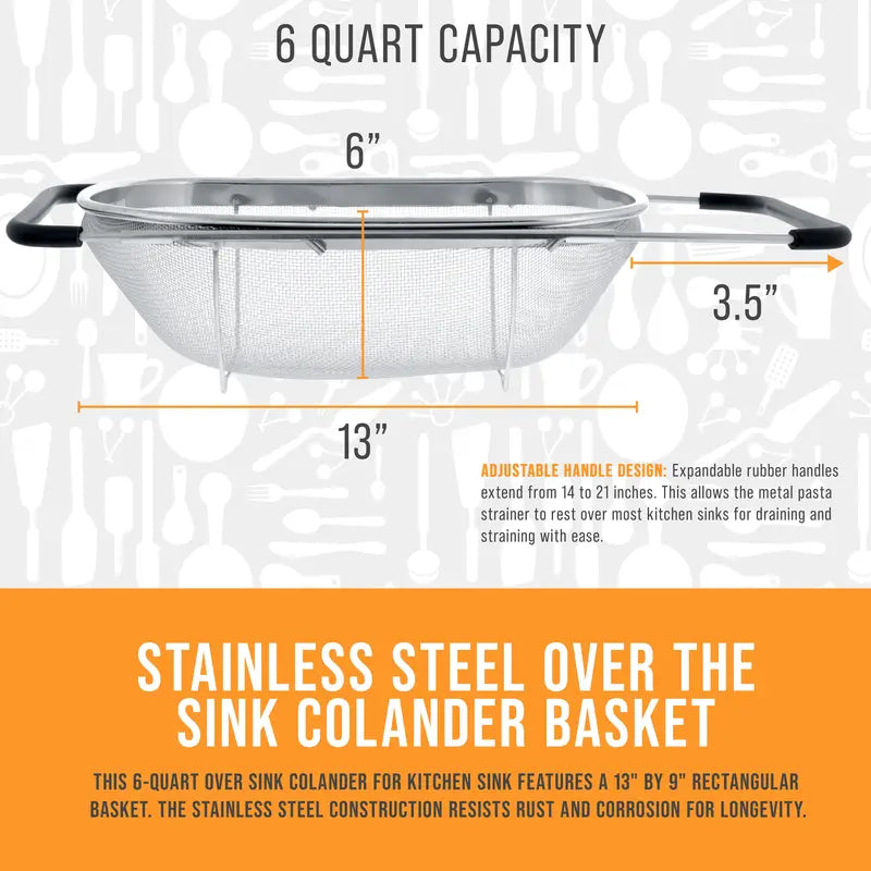 U.S. Kitchen Supply Stainless Steel Colander Strainer - 6-Quart Collapsible Colander with Expandable Rubber Handles - Rectangular Sieve, Fine Mesh Stainless Steel Strainers and Colanders for Kitchen Sold by TCP Global