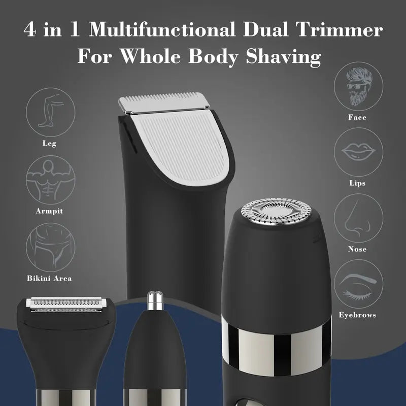 4-In-1 Dual Head Electric Shaver, Body Hair Trimmer & Facial Hair Remover, Nose Hair Clipper, Ipx7 Waterproof, for Leg Arm Body Face