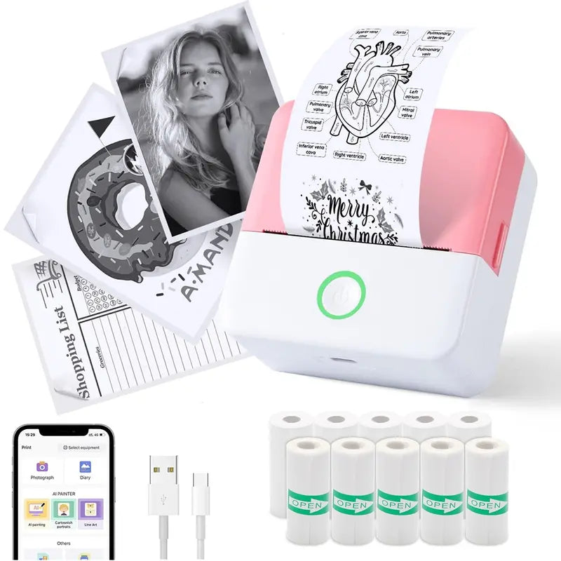 Mini Sticker Printer, Portable Inkless Sticker Maker, Pocket Photo Printer, Thermal Printer Label Maker with 5rolls Paper, Portable Handheld Printer, for Pictures, Photos, Journals, DIY, Label Printing, Compatible With IOS&Android