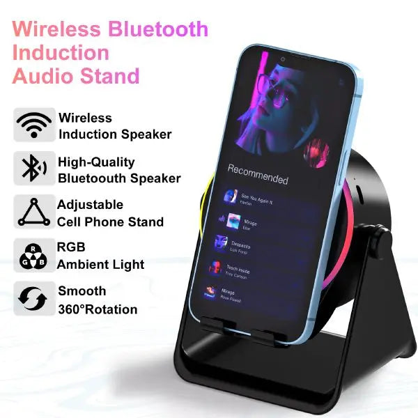 5-in-1 Wireless Induction Bluetooth Audio Speaker, Phone Stand Adjustable Ambient Light, Surround Sound 360° Rotation Rechargeable Hands-Free Calls For Bedroom, Kitchen, Camping, Yoga, Cooking Gifts for Men, Women, Elderly