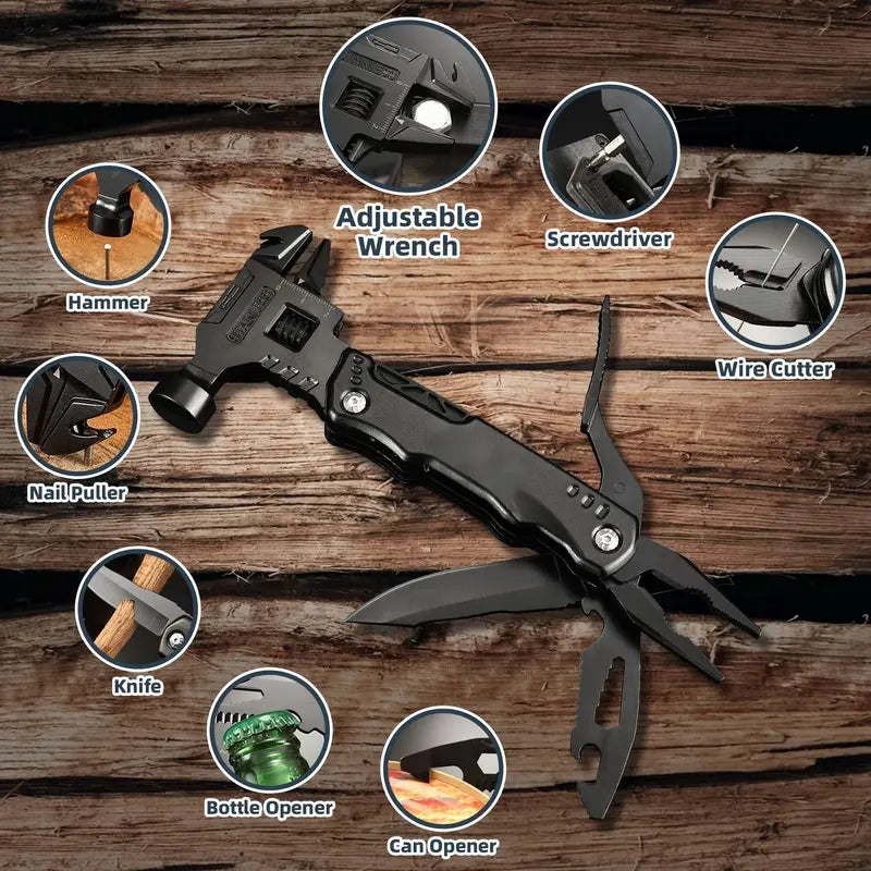 All-in-One Adjustable Wrench Multitool 16-in-1 - Hammer Pliers Pocket Knife Screwdriver Camping Survival Tool for Men