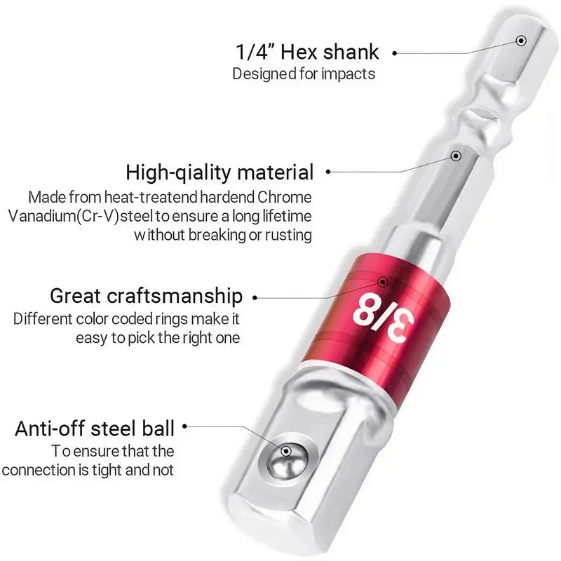 Cr-V Steel Socket Adapter, Impact Socket Extension Tools, Impact Grade Driver Sockets Adapter Extension Set, Nut Driver Socket Adapter, Bead Rod Extension Bar, Wrench Extender Tool, Hand Hardware Tool, Bit Socket Set（1,000+ sold）