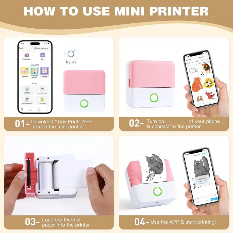 Mini Sticker Printer, Portable Inkless Sticker Maker, Pocket Photo Printer, Thermal Printer Label Maker with 5rolls Paper, Portable Handheld Printer, for Pictures, Photos, Journals, DIY, Label Printing, Compatible With IOS&Android
