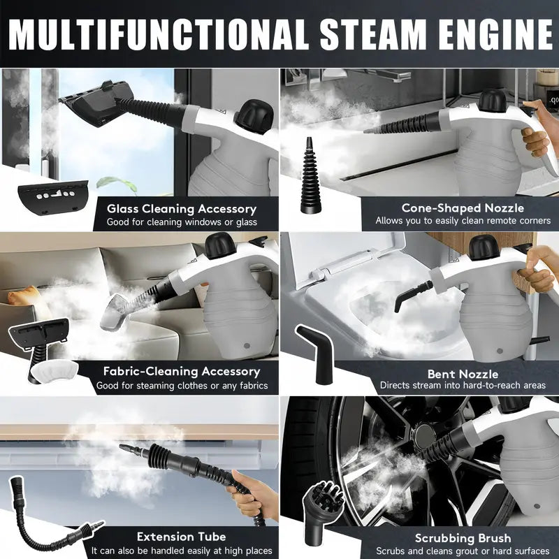 Pressurized Handheld Steam Cleaner, 1 Count Multi-purpose Steamer for Home Use with 9 Attachments To Remove Tough Stains on Car, Upholstery, Grout, Stovetop Handheld Steam Cleaning, Cleaning Tools