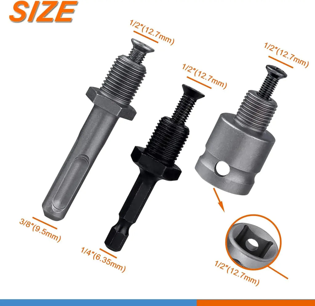 4Pcs Heavy-Duty Metal Keyless Drill Chucks (1.5-13mm, 1/2"-20UNF) with SDS-Plus Shank, 1/4" Hex Shank, 1/2" Socket Square Wrench Adapter for Power Tools, Impact Driver (Self-Tighten Clamp, Tool-Free Bit Swaps) [Sold 389 units]