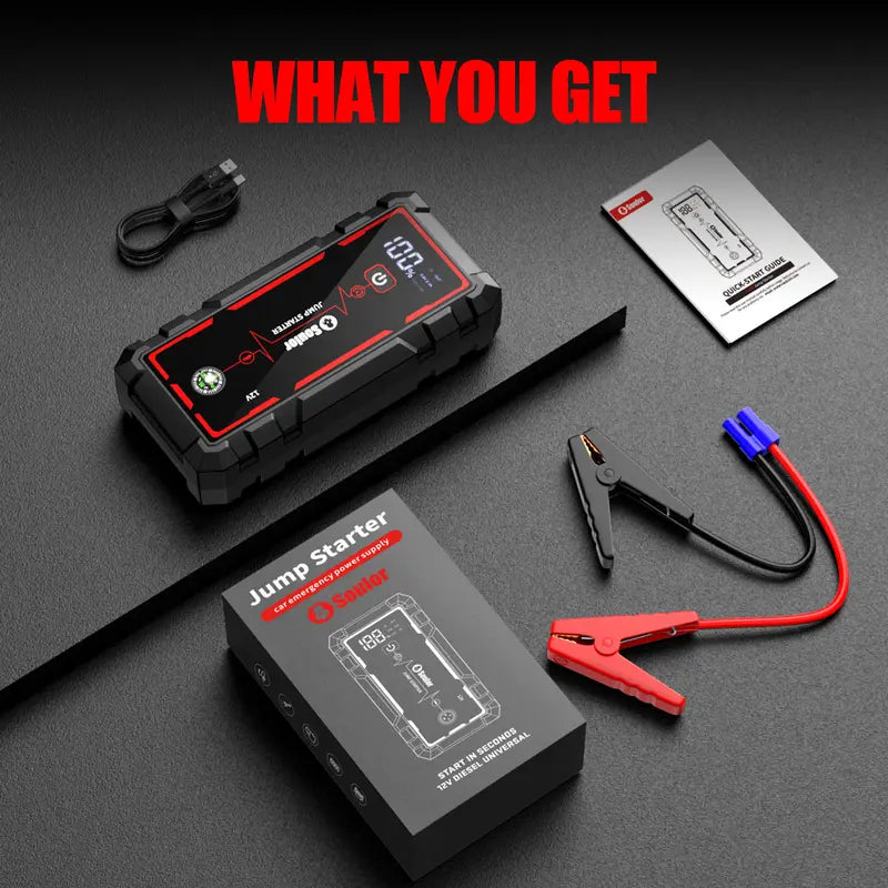 Soulor 8000mAh Portable Car Jump Starter 12V Battery Booster Power Bank with LED Emergency Light, LCD Display and Smart Jumper Cables for Cars SUVs Trucks fathersdaygift
