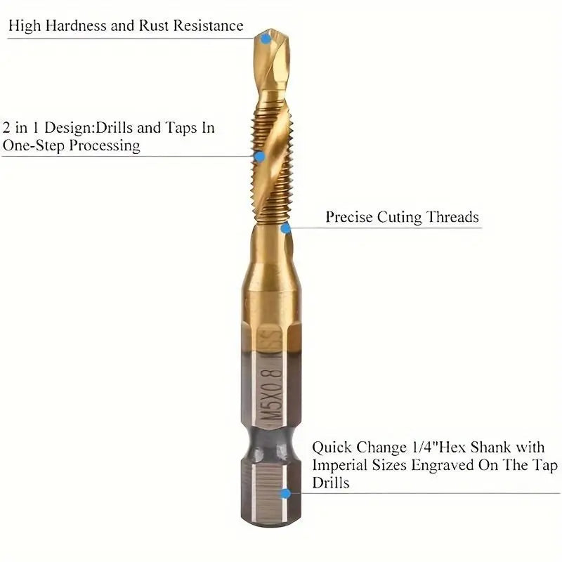 Metric Titanium Plated  Tap Bit Set (M3-M10, 6-Count) - M2 Power Tool Accessory for 1-Step Drilling, Tapping, Deburring on Aluminum, Iron, Soft Metal  [Sold 1000+ units]