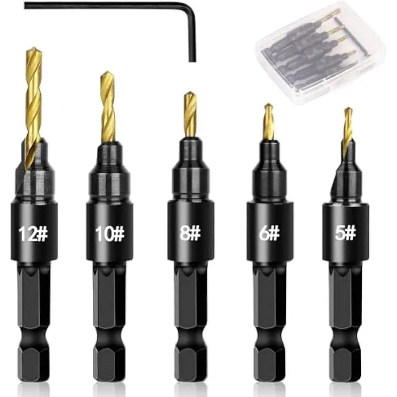 5PCS Countersink Drill Bit Set, Professional Brocas para Madera - Adjustable Wooden Drill Bit Set, Used for Wood Countersink Drill Bit with Depth Stop  [Sold 510 units]