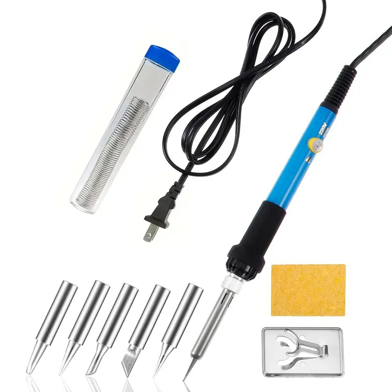 Adjustable Temperature Electric Soldering Iron Set, 110V 60W, 200–450°C, Includes 5 Tips, Stand and Cleaning Sponge