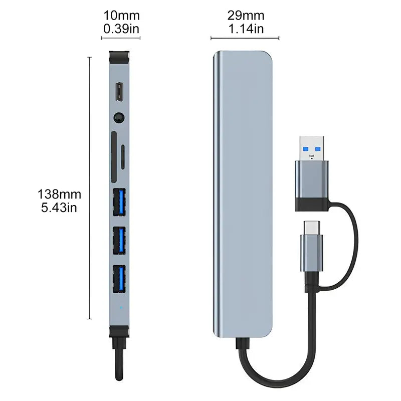 8-in-1 USB C Hub with HDMI Splitter, 4 USB Ports, USB-C, TF/SD Reader, 3.5mm Audio - USB Extender for Laptop, Tablet, Phone Accessory, for MacBook Pro/iPad Pro/iPhone 15/Laptop/More [Sold 641 units]