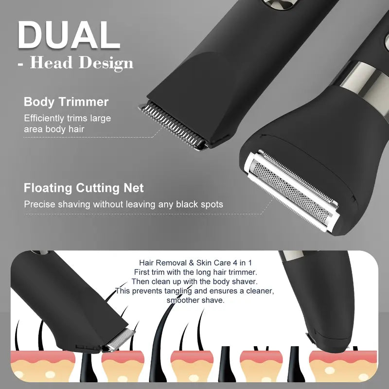 4-In-1 Dual Head Electric Shaver, Body Hair Trimmer & Facial Hair Remover, Nose Hair Clipper, Ipx7 Waterproof, for Leg Arm Body Face