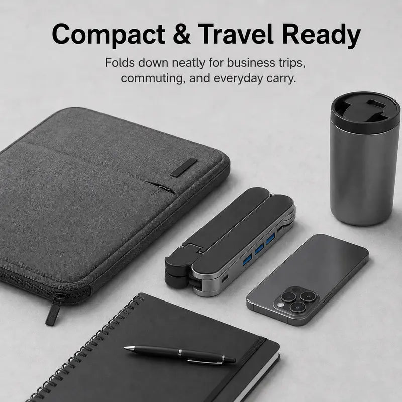 Grey Laptop Stand with Foldable USB Hub, Adjustable Ergonomic Desk Riser, Multi-Port Expansion for MacBook, PC, Tablets & Travel Use,Father's Day Gift