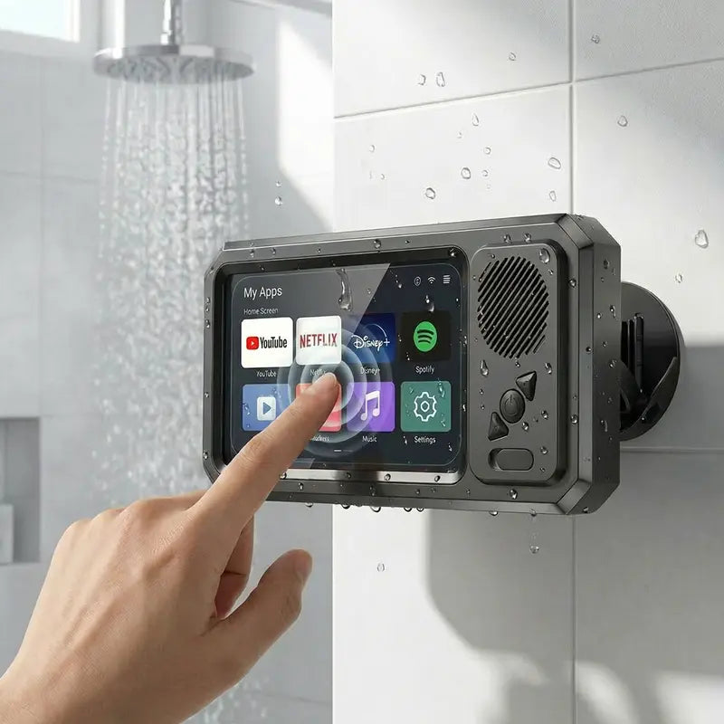 Waterproof box speaker, bathroom waterproof360 rotating touch screen, Bluetooth speaker,watch movies, listen to music, phone holderBluetooth speaker audio shower TV holder,swimming pool, kitchen, bathroom, sink（sold：890）