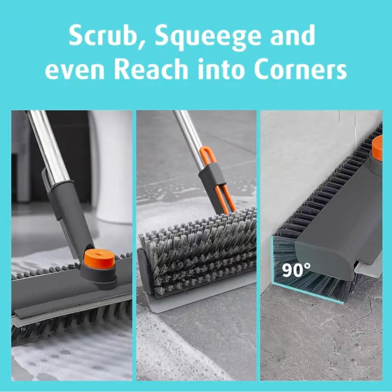 3-in-1 Floor Scrubber Squeegee Combo - Long Handles, 360° Rotatable, Heavy-Duty Stiff Bristle Scrubber, 3in1 Glass Wipe for Bathtub, Shower, Home Cleaning Supplies (Shower Broom Squeegee), Brush+Squeegee, Durable