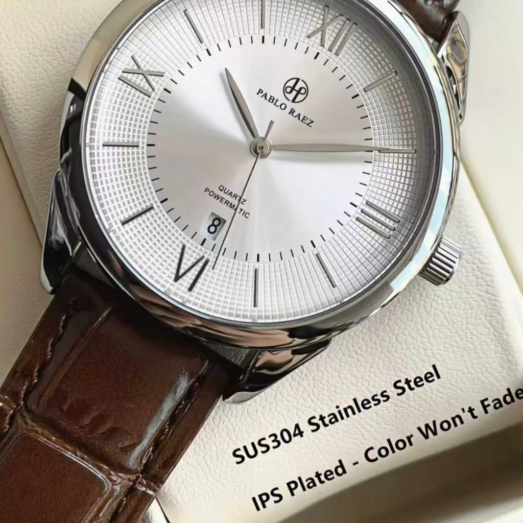 1PC Men's Watch, Analog Quartz Movement, Simple Textured Silver Dial, Calendar Function, Coffee-Colored Leather Strap, SUS304 Stainless Steel Case, Gift for Family and Friends, Quartz Wristwatches  [Sold 1000+ units]