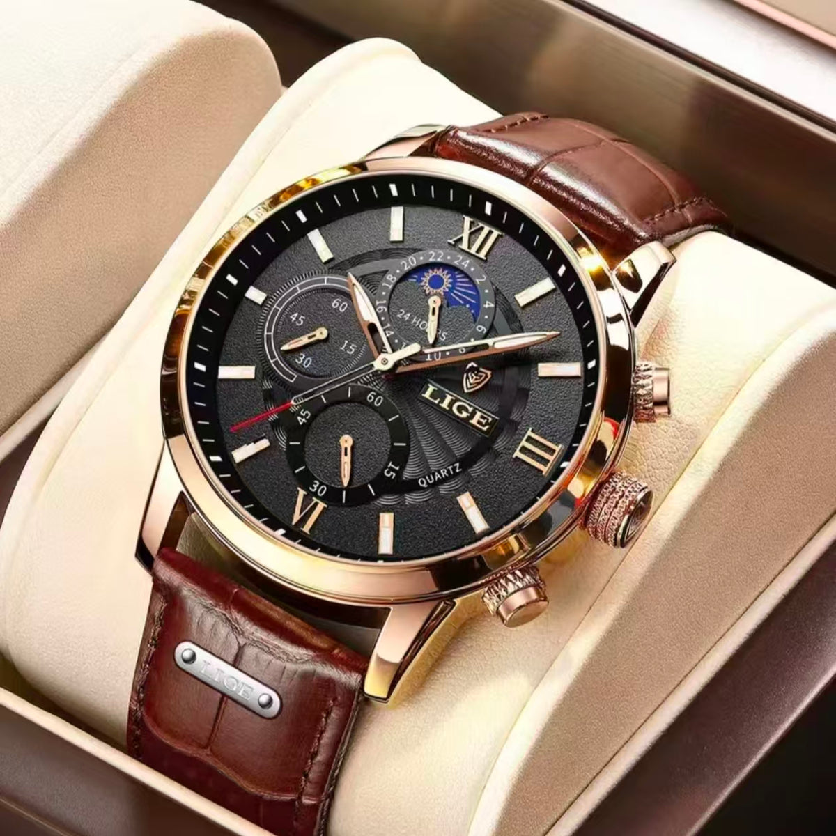 Men's Business Fashion Round Dial Analog Quartz Watch, Business Quartz Watches, Summer 2024 Casual Pu Leather Strap Watch, Perfect Gift for Men, with Box  [Sold 1000+ units]