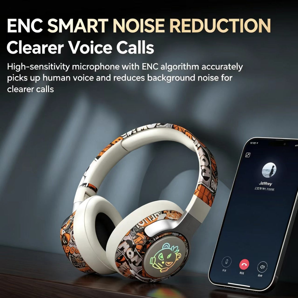 Graffiti Bluetooth Headphones | ENC Noise Reduction & 15 Hours Playtime. Foldable Over-Ear Wireless Headset with Cool RGB Light for Gaming & Calls  [Sold 1000+ units]