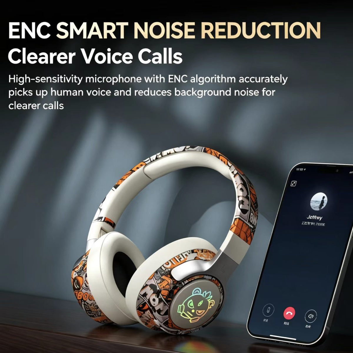 Graffiti Bluetooth Headphones | ENC Noise Reduction & 15 Hours Playtime. Foldable Over-Ear Wireless Headset with Cool RGB Light for Gaming & Calls  [Sold 1000+ units]