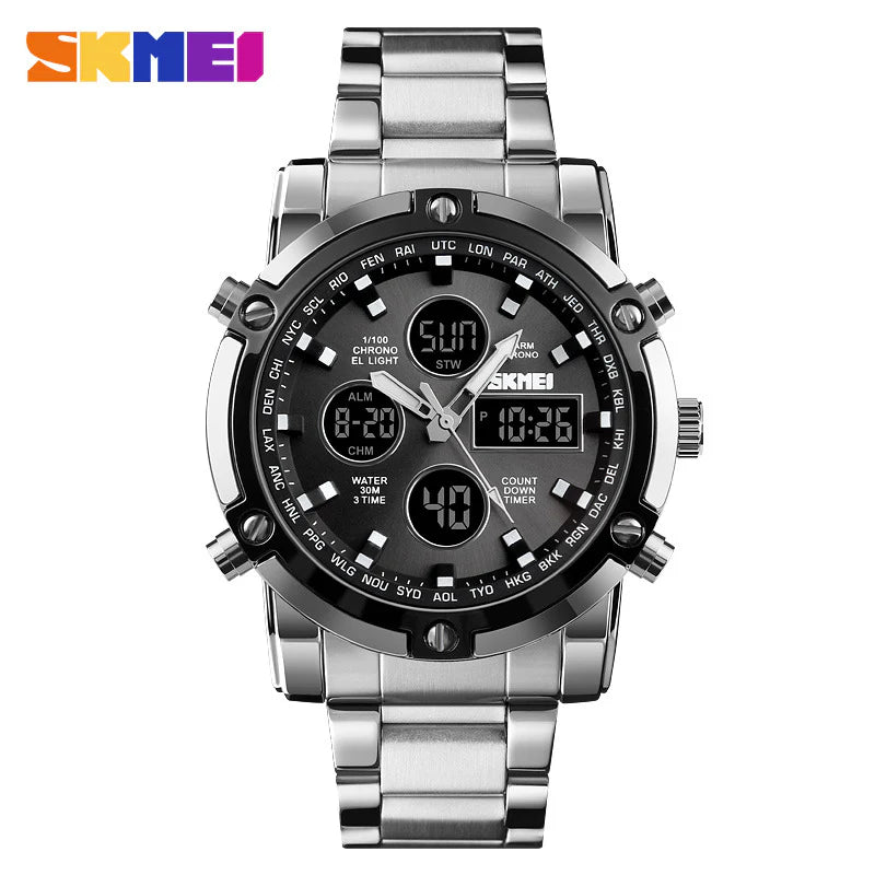 SKMEI Mens Fashion Wristwatch - 48mm Round Face Metal Case, 30M Waterproof Wrist Watch, Stainless Steel Strap, 3 Time Zones, Nightlight, Dual Time Display, Timer, Calendar, Alarm, Mens Gifts, Fashion Men's Accessories