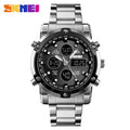 SKMEI Mens Fashion Wristwatch - 48mm Round Face Metal Case, 30M Waterproof Wrist Watch, Stainless Steel Strap, 3 Time Zones, Nightlight, Dual Time Display, Timer, Calendar, Alarm, Mens Gifts, Fashion Men's Accessories