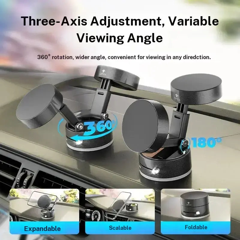 Upgraded Car Cellphone Mount - Vacuum Magnetic Mount with N52 Double-Row Magnets, Smooth Octopus Suction Cup, Secure Grip, 3-Axis Angle Set, 360° Rotation, Compact Lightweight Car Interior Accessory for Vlog Creators, Android Phones  [Sold 1000+ units]