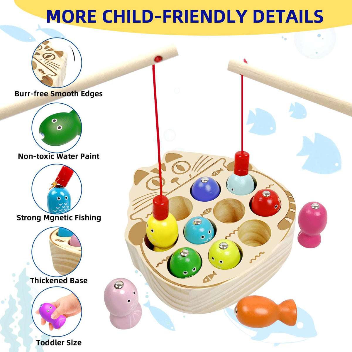 Wooden Magnetic Fish & Frogs Fishing Game for Toddlers 1-3, Montessori Sensory Activity Board, Fine Motor Skills Playful Board Games, Screen-Free Kids Toys, Mother's Day Gift Ideas for Kids   [Sold 802 units]
