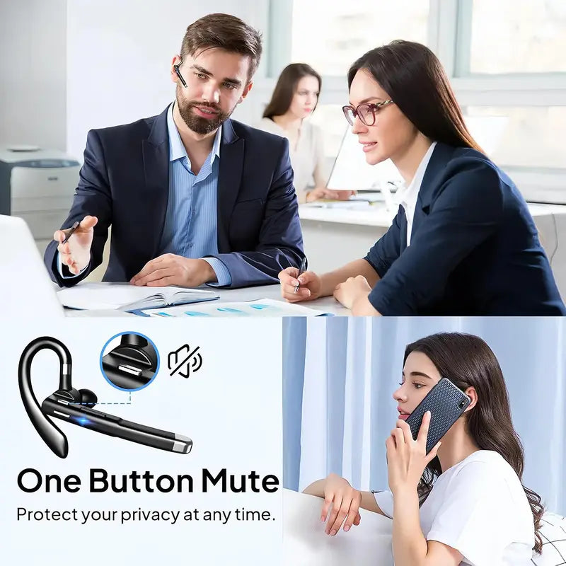 Wireless Bluetooth Earpiece with Built-in Mic, Noise Cancelling, Chargeable, Outstanding Listening, Electronic, Black with Black Case, for Office Phones, Supports MP3 Playback, Continuous Talk Time