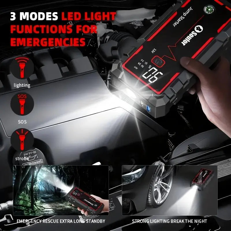 Soulor 8000mAh Portable Car Jump Starter 12V Battery Booster Power Bank with LED Emergency Light, LCD Display and Smart Jumper Cables for Cars SUVs Trucks fathersdaygift