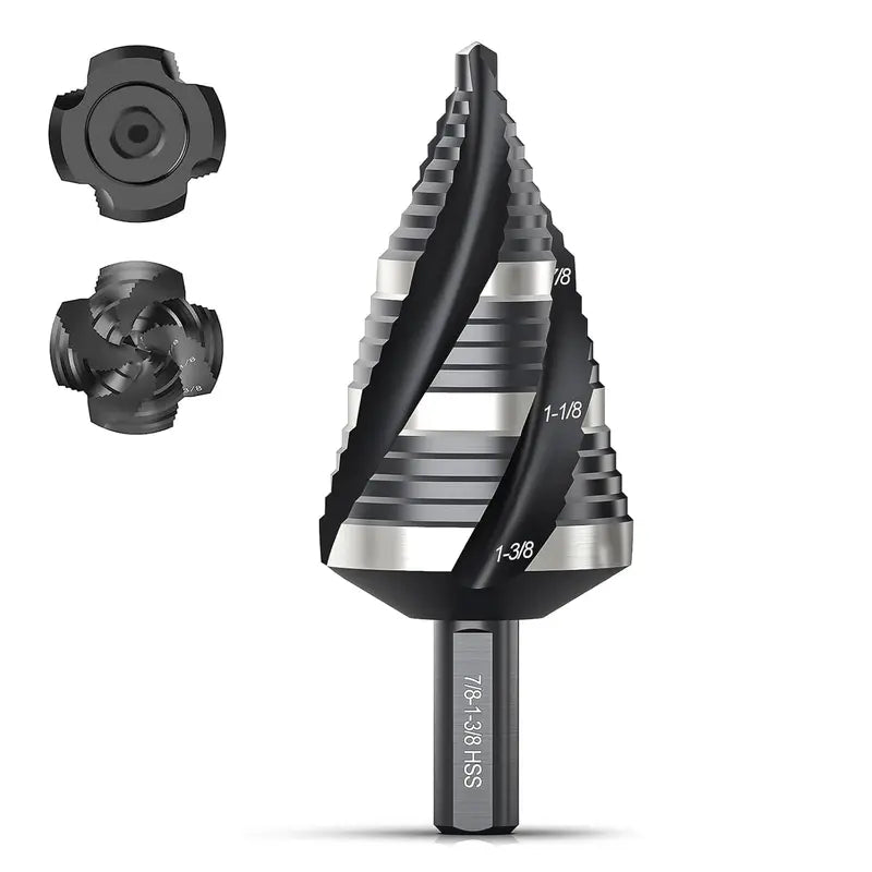 Four Spiral Flute Step Drill Bit, HSS Step Drill Bit 3/16-1-3/8 (3 Popular Sizes) Unibit Step Drill Bit, 1/4" Shank Step Bits for Aluminum, Wood, Plastic, Metal [Sold 637]