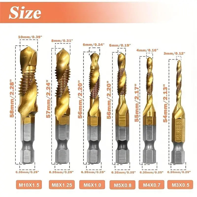 M3-M10,6Counts Tap Bit Set,Ultra TiAlN Coating M2 Drill Tap Set for One-Step Drilling,Tapping and Deburring.