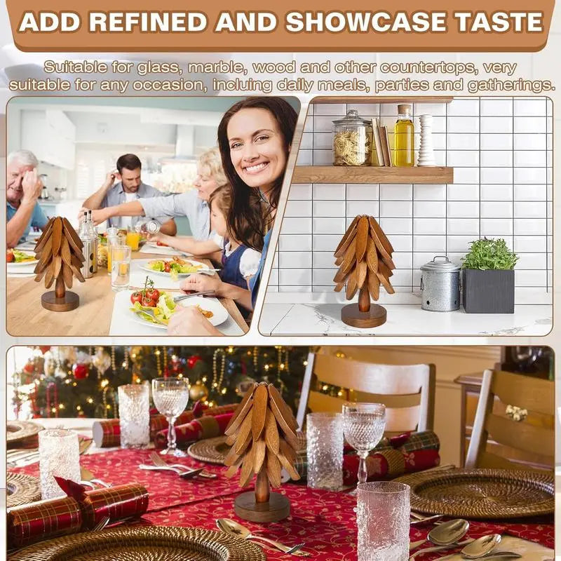 Walnut Tree Trivet Set 4 Wooden Trivets & 1 Stand Heat Resistant Foldable Design Durable & High Quality Solid Wood Ideal for Hot Dishes, Pots, Bowls, Teapots Kitchenware & Tableware Coasters