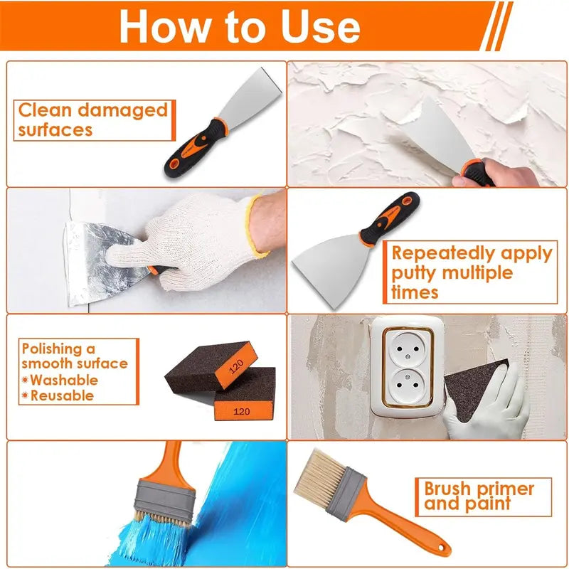 14Pcs Stainless Steel Drywall Tool Set with 9 Putty Knives 4 Paint Brushes & 1 Architectural sand table model  Improvement Repair & Painting