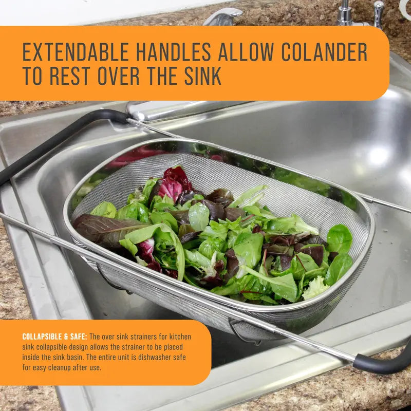 U.S. Kitchen Supply Stainless Steel Colander Strainer - 6-Quart Collapsible Colander with Expandable Rubber Handles - Rectangular Sieve, Fine Mesh Stainless Steel Strainers and Colanders for Kitchen Sold by TCP Global