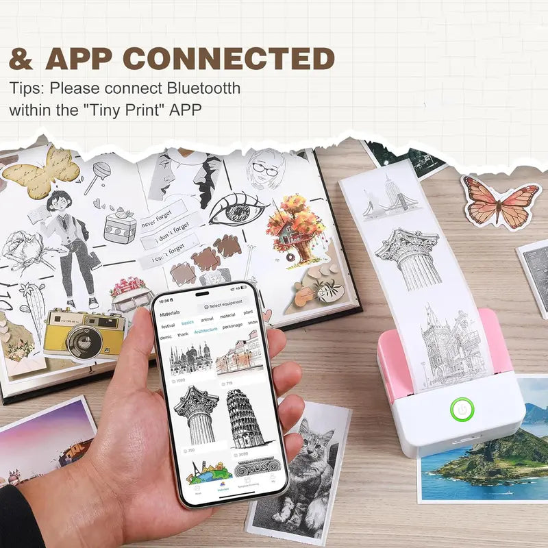 Mini Sticker Printer, Portable Inkless Sticker Maker, Pocket Photo Printer, Thermal Printer Label Maker with 5rolls Paper, Portable Handheld Printer, for Pictures, Photos, Journals, DIY, Label Printing, Compatible With IOS&Android