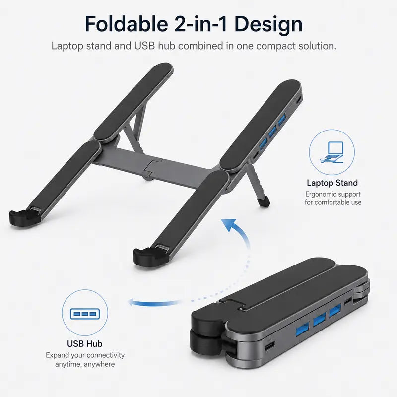 Grey Laptop Stand with Foldable USB Hub, Adjustable Ergonomic Desk Riser, Multi-Port Expansion for MacBook, PC, Tablets & Travel Use,Father's Day Gift