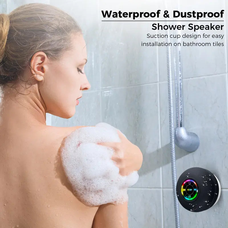 Portable Black Bluetooth Speaker - Wireless, Waterproof, 20kHz Audio, Suction Cup, LED Light, Rechargeable, Hands-Free, Smartphone/Tablet Compatible, Home Bathroom Gadget for Any Setting