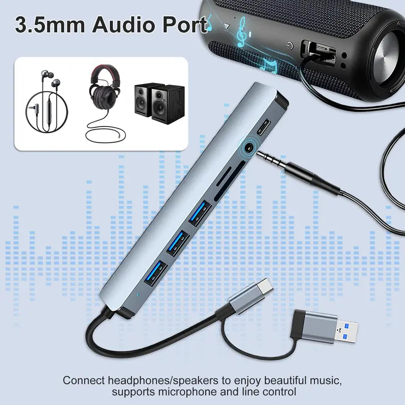 8-in-1 USB C Hub with HDMI Splitter, 4 USB Ports, USB-C, TF/SD Reader, 3.5mm Audio - USB Extender for Laptop, Tablet, Phone Accessory, for MacBook Pro/iPad Pro/iPhone 15/Laptop/More [Sold 641 units]